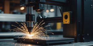 Automated welding production line showing cost reduction through robotic precision at Detroit metal fabrication facility