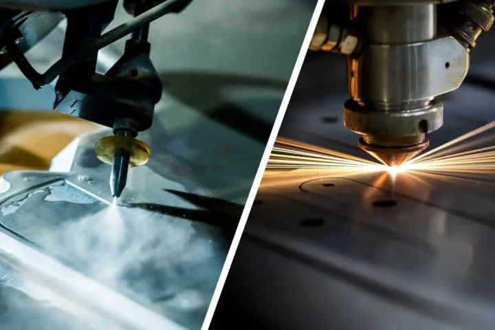 Comparison diagram of laser cutting vs. waterjet cutting for automotive and electric vehicle components.
