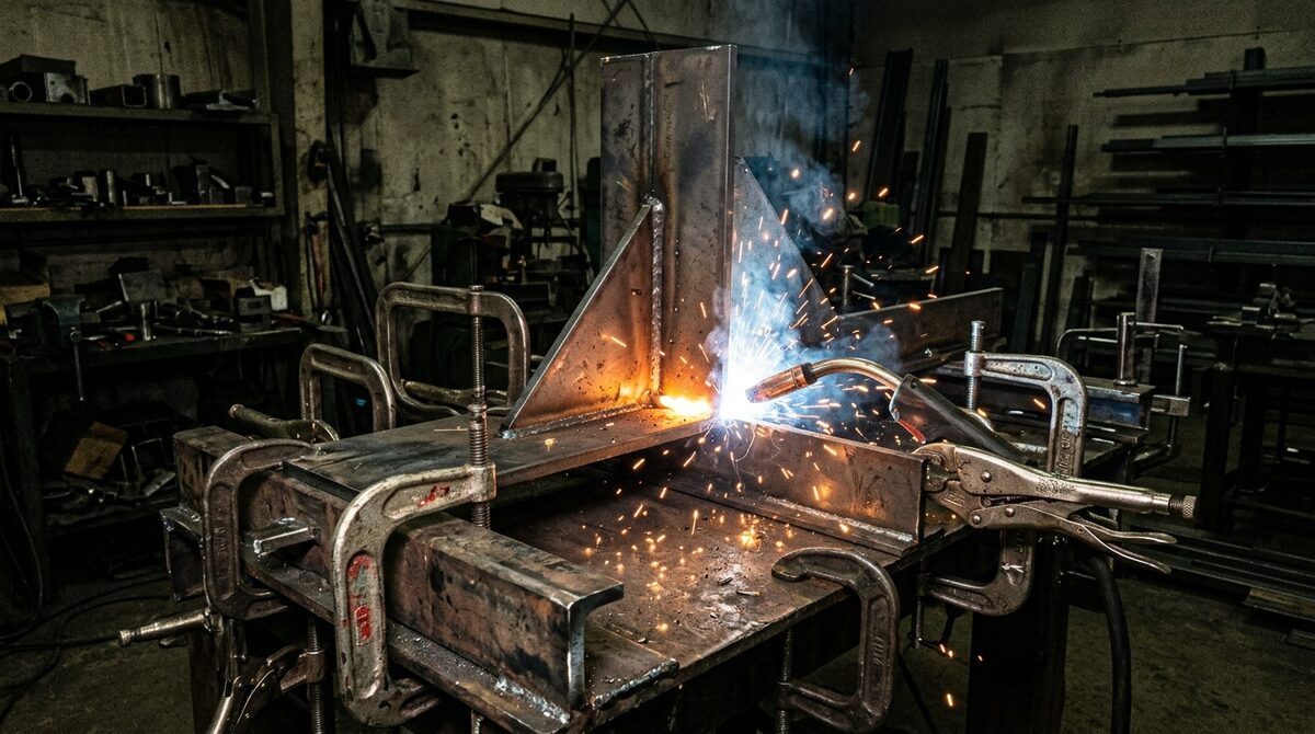 Steel sub-assembly clamped in a welding fixture mid-fabrication