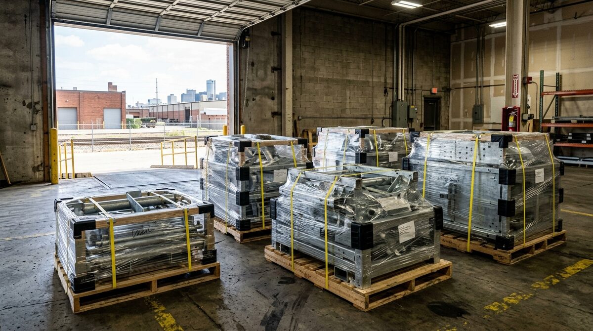 Fabricated metal assemblies palletised and stretch-wrapped in a shipping bay, banding and corner protectors in place,...