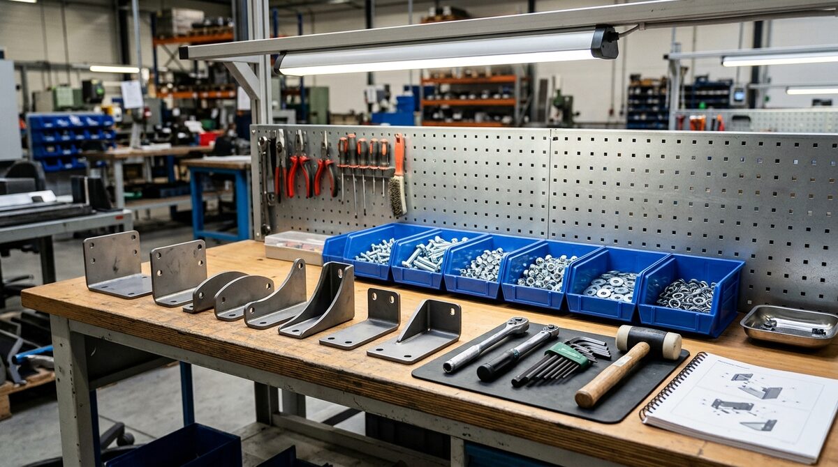 Sub-assembly bench with fabricated brackets laid out in sequence beside fasteners in bins, ready to be built up
