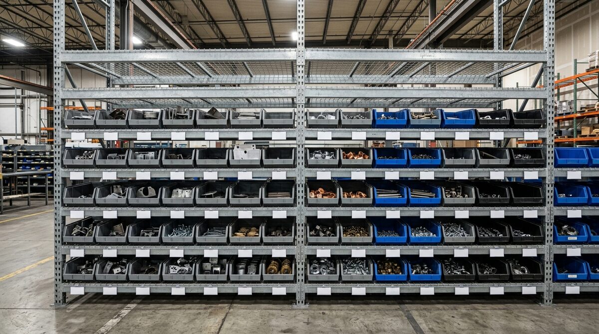Kitting bins on industrial racking holding fabricated components ready to pull for an order