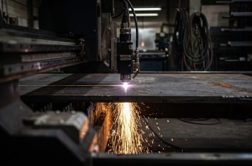 Fiber laser cutting head tracking across steel plate, bright cut front and sparks streaming below, dark fabrication shop...