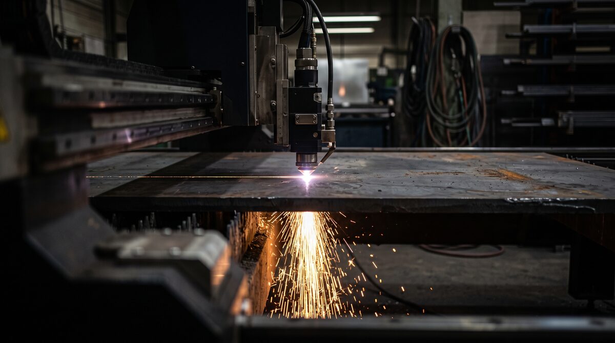 Fiber laser cutting head tracking across steel plate, bright cut front and sparks streaming below, dark fabrication shop...