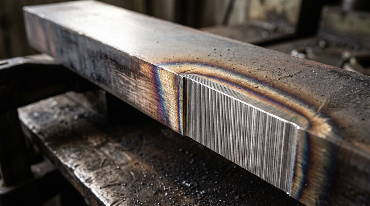 Extreme macro of a laser-cut steel edge in cross section, the discoloured heat affected band visible along the cut face,...