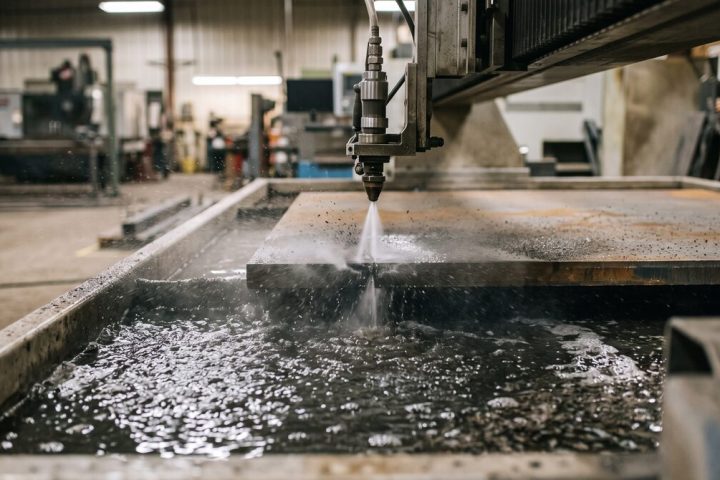 Waterjet cutting head mid-cut through thick plate, high pressure stream and abrasive spray, water surface churning in the...