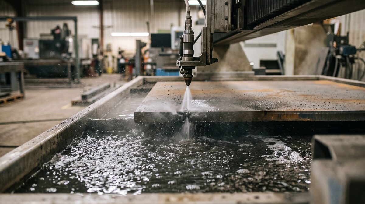 Waterjet cutting head mid-cut through thick plate, high pressure stream and abrasive spray, water surface churning in the...