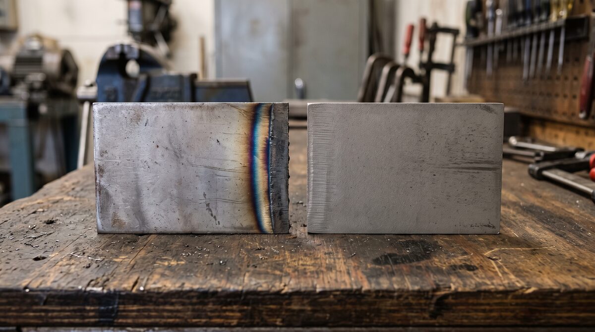 Two cut steel coupons laid side by side on a bench, one edge showing a laser's heat discolouration and the other a...