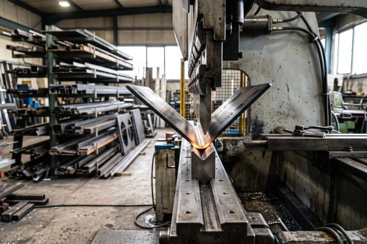 Press brake forming a laser-cut steel blank, the part mid-bend between punch and die, fabrication shop with racked...