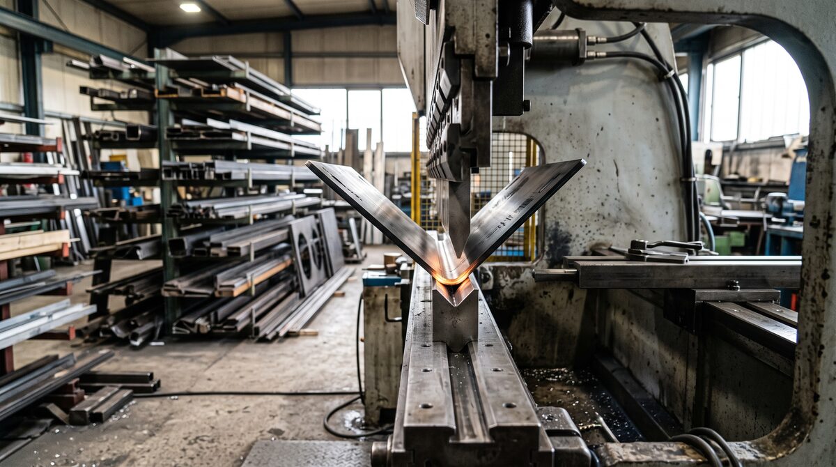 Press brake forming a laser-cut steel blank, the part mid-bend between punch and die, fabrication shop with racked...