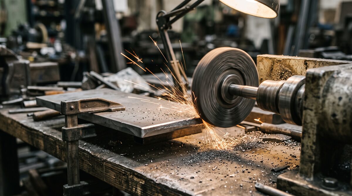 Close detail of a deburring wheel finishing the edge of a flat steel part, fine sparks and swarf, focused work light