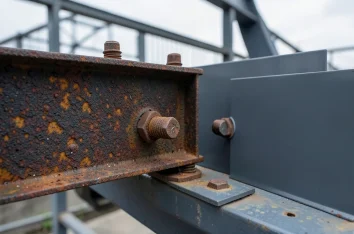Rusted steel bracket and corroded bolts beside a new powder coated replacement bracket