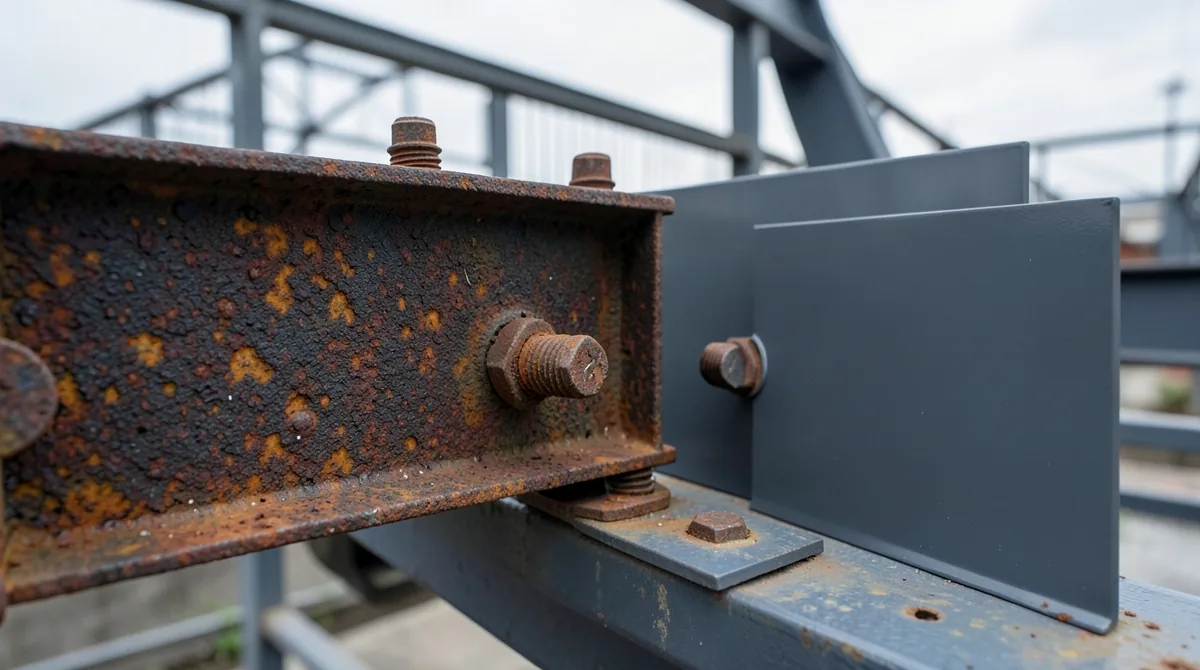 Rusted steel bracket and corroded bolts beside a new powder coated replacement bracket