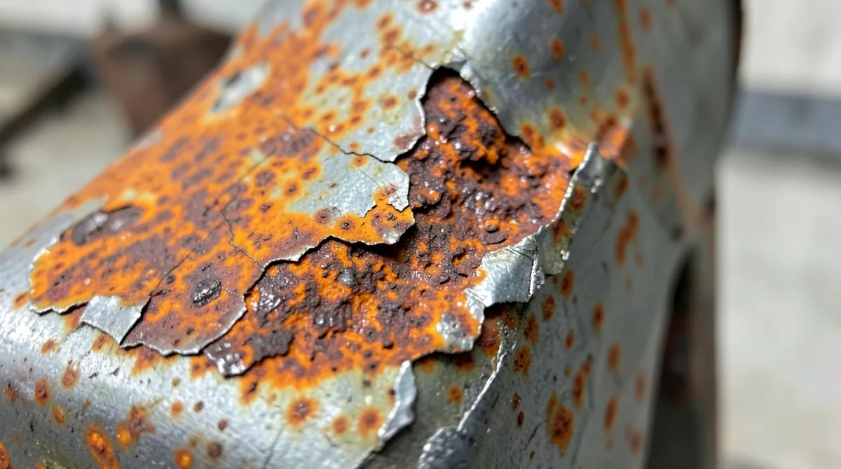 Close view of rust spreading under chipped paint on a steel part