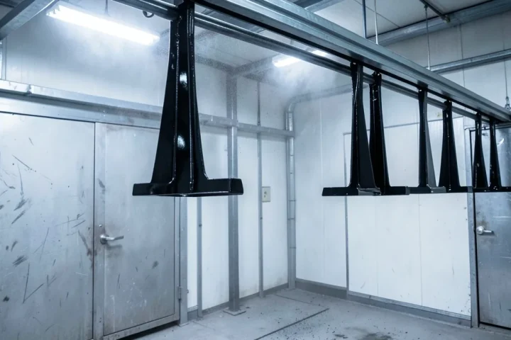 Fabricated steel brackets freshly powder coated black hanging on a conveyor line in a coating booth