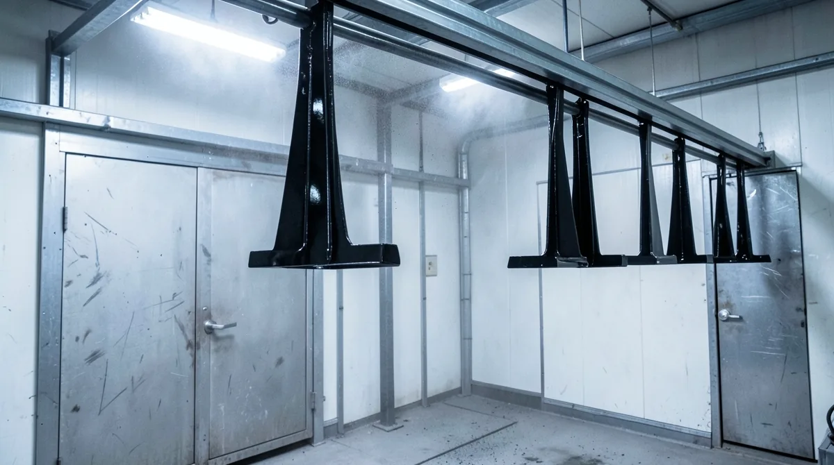 Fabricated steel brackets freshly powder coated black hanging on a conveyor line in a coating booth