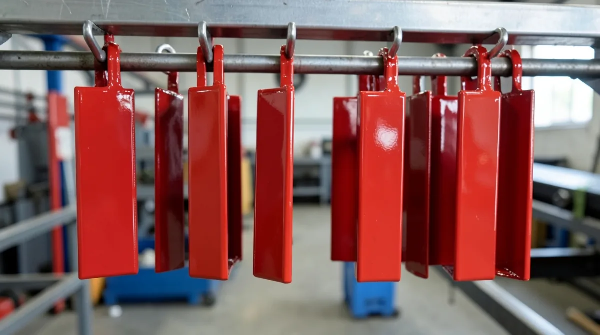 Steel brackets powder coated glossy red hanging on rack hooks after the cure oven