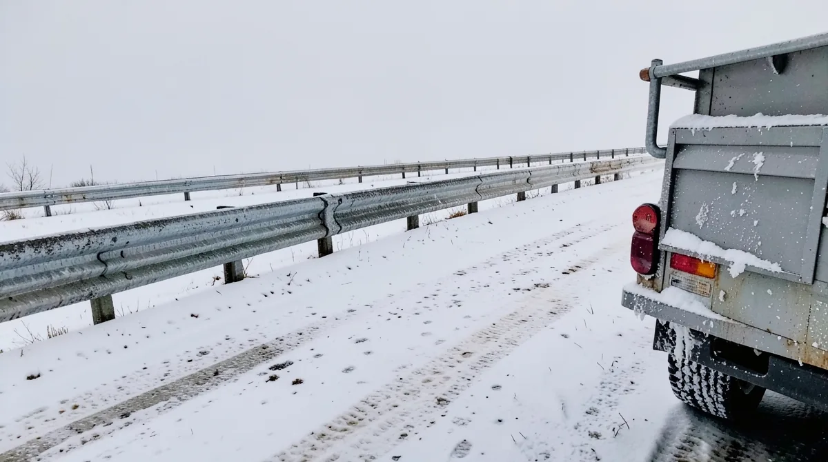 Salted snowy road shoulder with slush spray on a steel guardrail and a truck bumper in winter